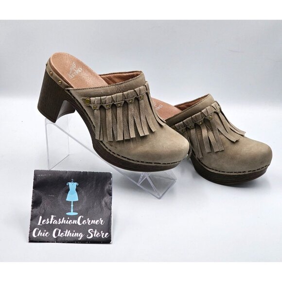 Dansko Women's Beige Suede Leather Deni Fringe Mules Clogs Size 6.5 (37) 2976 - Picture 8 of 16
